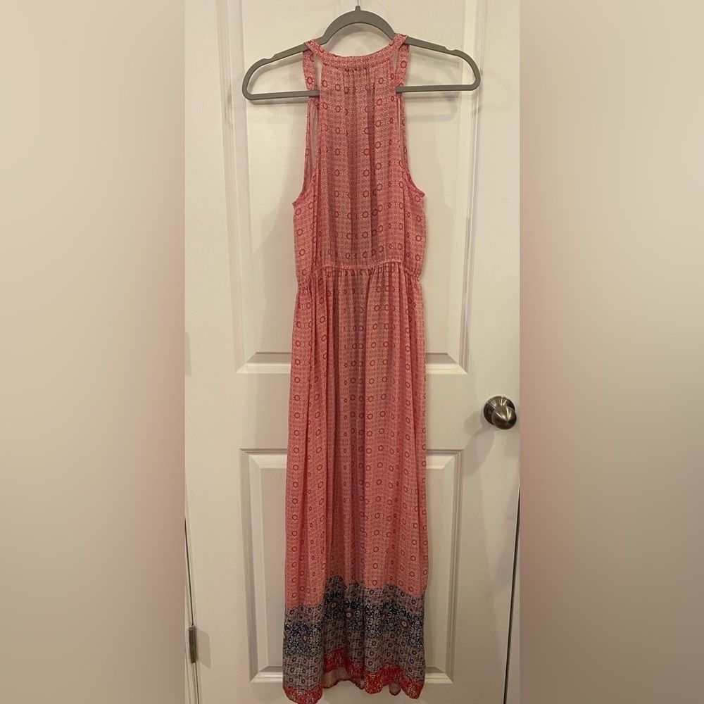 Lucky Brand Halter Maxi Dress Sz S Red/Blue/White Print Lace Up Chest - Picture 3 of 6